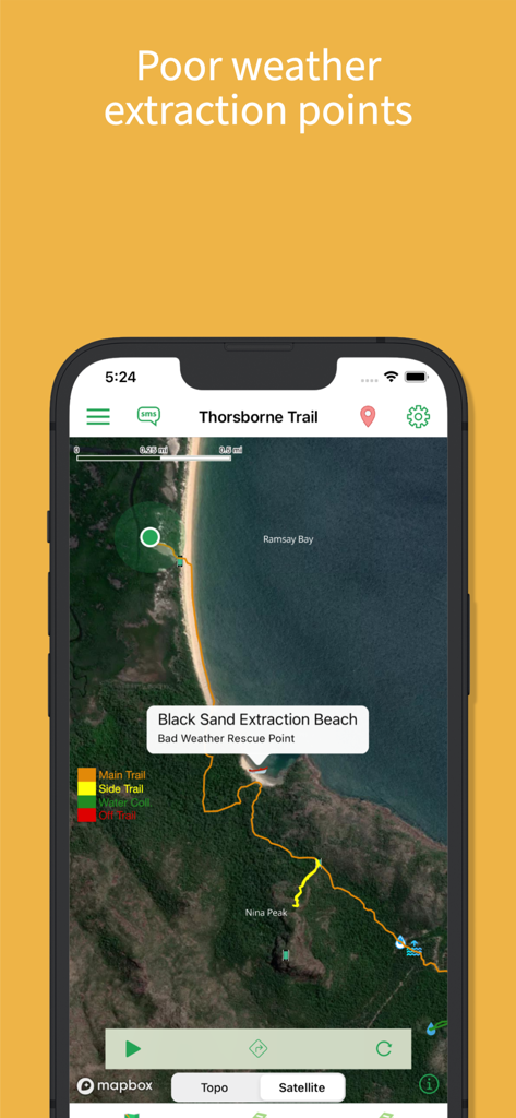 Vue de carte satellite dans l'application Thorsborne Trail montrant les points de sauvetage par mauvais temps et les itinéraires du sentier