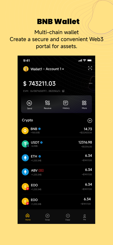 BSC Wallet: Web3 BNB chain - BSC Wallet Dashboard mit einem Multi-Chain-Krypto-Portfolio, einschließlich BNB, USDT und Ethereum.