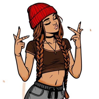 realistic teenage girl with braids and a beanie and crop top doing 🫶🏼
