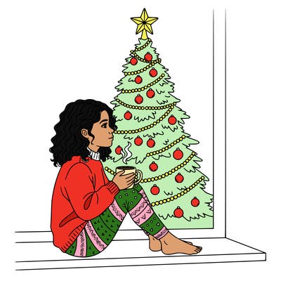 a girl sitting in the window with a cofee and behind she is a chrismas tree