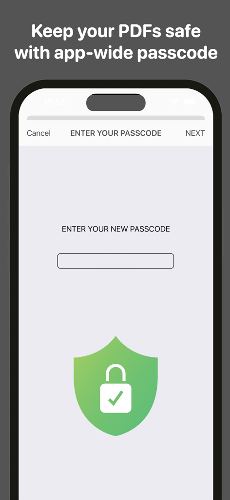 Una pantalla de smartphone que muestra la configuración de código de acceso para toda la aplicación para una protección segura de PDF.