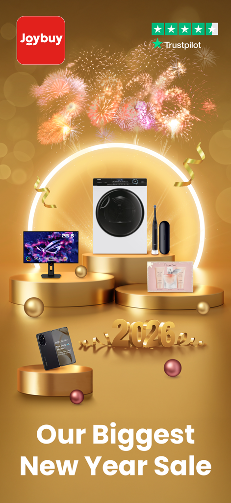 Joybuy-Don't just buy, Joybuy! - Joybuy app 2026 New Year sale banner showcasing electronics and home appliances on golden podiums with fireworks