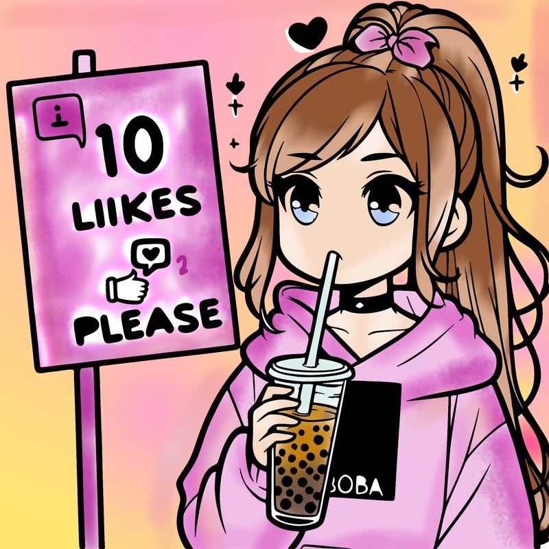 girl with a high ponytail and a hoodie drinking boba staring at a sign saying 10 likes please