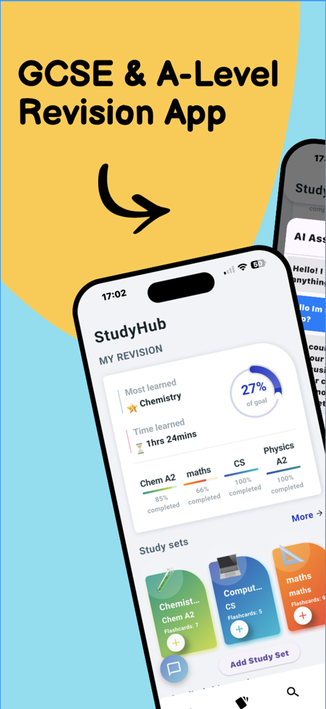 StudyHub - Dashboard dell'app mobile StudyHub che visualizza i progressi di revisione degli studenti e i set di studio per GCSE e A-Levels.