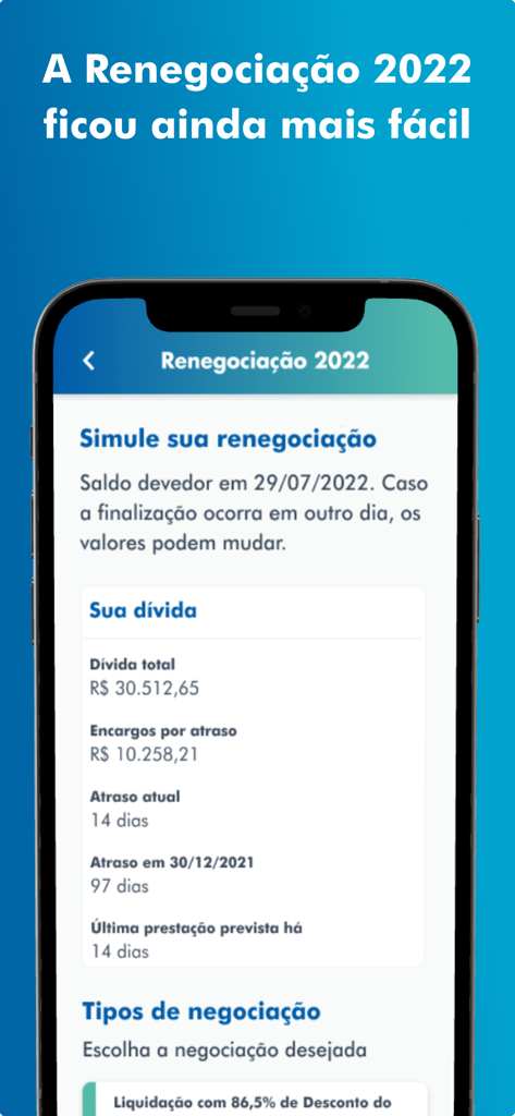 Tela do aplicativo Fies Caixa mostrando simulação de renegociação de dívidas com detalhes da dívida total e de pagamentos em atraso