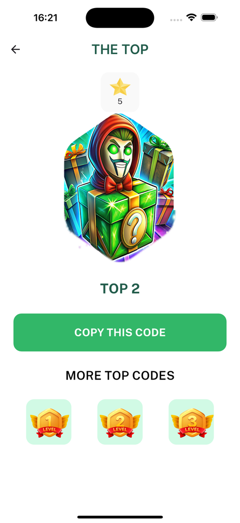 PlayBoost & Codes for Roblox - Pantalla de la aplicación PlayBoost que muestra los mejores códigos promocionales de Roblox con una ilustración de personaje y un botón para copiar el código