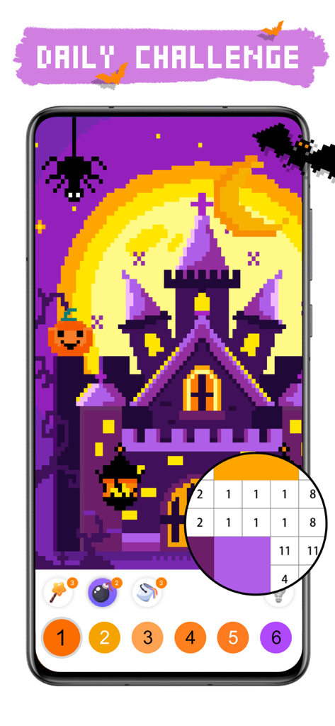 Pixel art color by number daily challenge screen featuring a haunted castle with a Halloween theme.