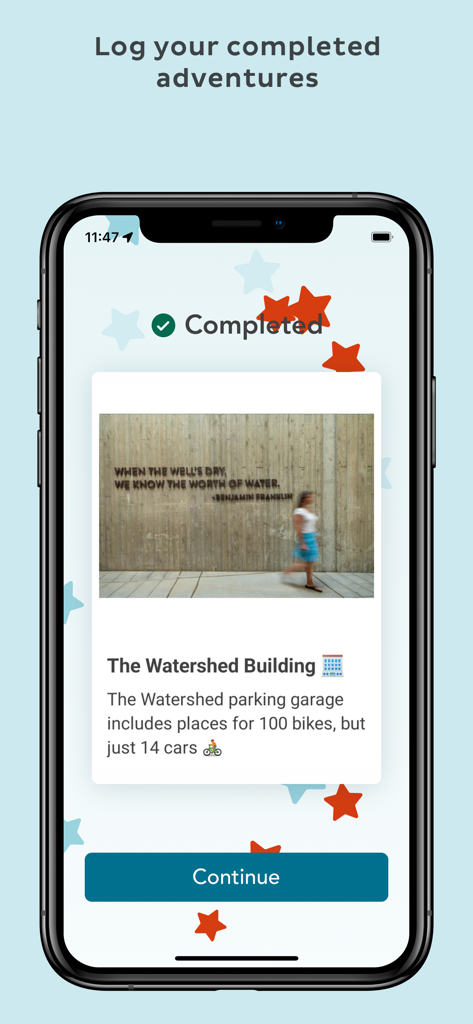 Adventure Lab® - Uma captura de tela do aplicativo Adventure Lab exibindo uma missão de caça ao tesouro concluída em um prédio local com uma entrada de registro e um botão continuar