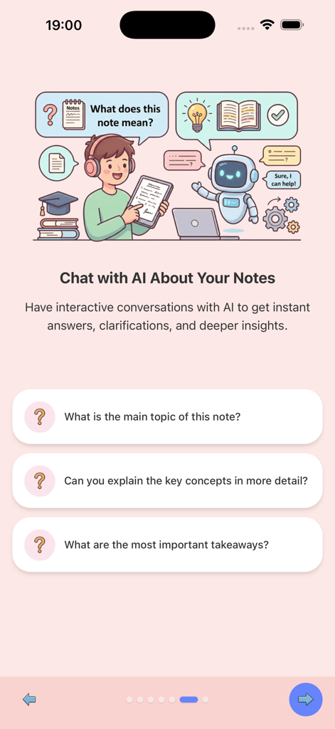 Smart Notes AI app interface showing a student chatting with an AI assistant to get insights and clarifications on study notes