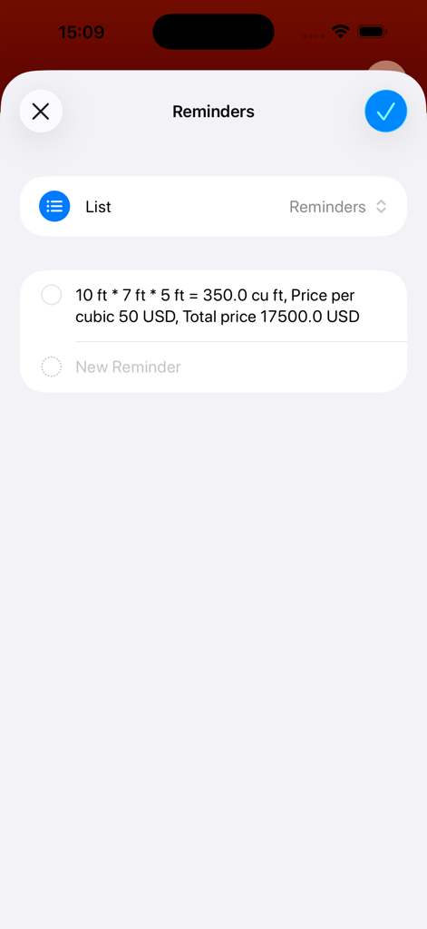 App screen showing a saved volume and price calculation in the Reminders list