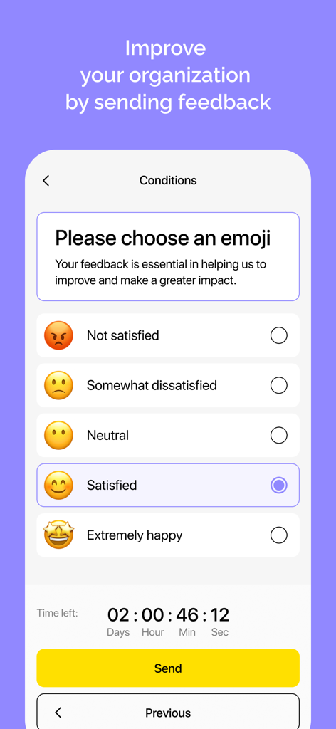 Qela - Oberfläche der Qela-App für das Senden von Organisationsfeedback mithilfe einer Emoji-basierten Zufriedenheitsumfrage.