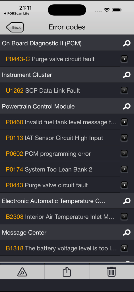 FORScan Viewer for Ford, Mazda - FORScan Viewer app interface showing diagnostic error codes