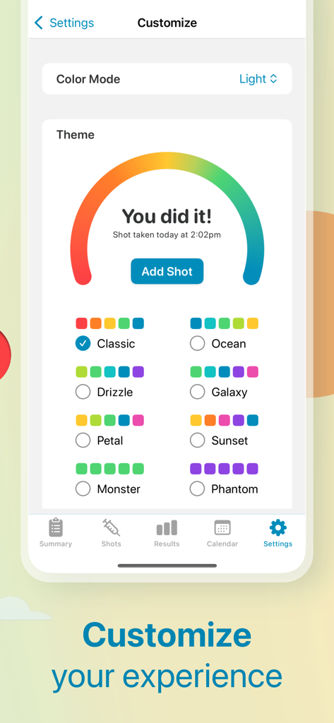 Shotsy - GLP-1 Tracker - Interface montrant les options de personnalisation du thème et du mode couleur dans l'application de suivi GLP-1 Shotsy.
