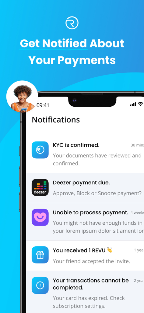 Revuto - Revuto mobile app notification interface showing subscription payment alerts and crypto reward updates.