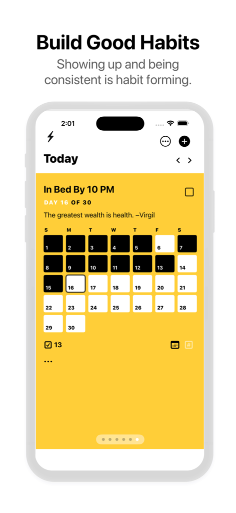 90 Day Challenge : Day by Day - Habit tracking screen in the 90 Day Challenge app showing a 30 day challenge calendar