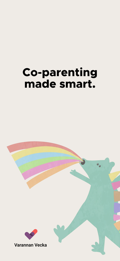 Co-Parenting-made-smart-Intro-Bildschirm mit Regenbogen-Dinosaurier-Illustration und Varannan Vecka-Logo