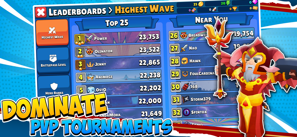 Idle Hero TD Tower Defense RPG - Leaderboard interface in Idle Hero TD displaying top player rankings for the highest wave and PVP tournaments.