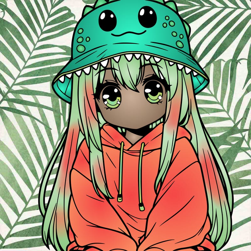 girl with anime shaped eyes with a dinosaur bucket hat oversized sweatshirt long straight hair