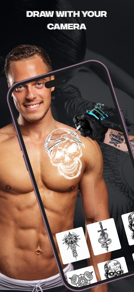 Draw Tattoo with Ink : AR - A phone screen showing an augmented reality tattoo of a skull being projected onto a man's chest with a template library at the bottom
