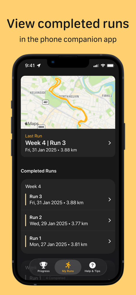 Watch to 5K－Couch to 5km plan - Aplicación complementaria del iPhone que muestra un historial de carreras completadas con un mapa de ruta GPS.