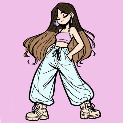 girl in baggy pants crop top and long hair