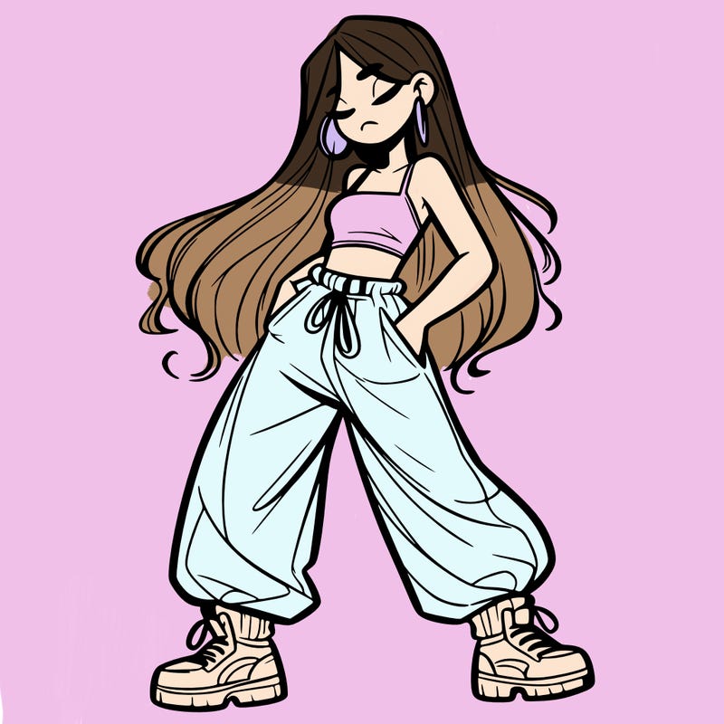 girl in baggy pants crop top and long hair