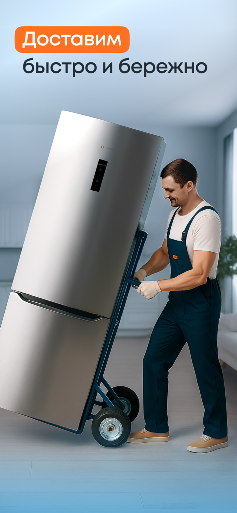 Ein Liefermann in blauer Latzhose bewegt einen großen silbernen Kühlschrank auf einem Hubwagen