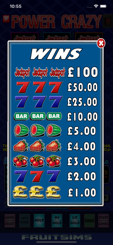 Power Crazy Fruit Machine Game - Power Crazy Fruit Machine game wins table showing symbol payouts