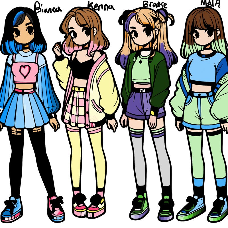 one girl with crop-top shirt and a jacket with a skirt, long socks and another girl with a shirt and pants with a jacket