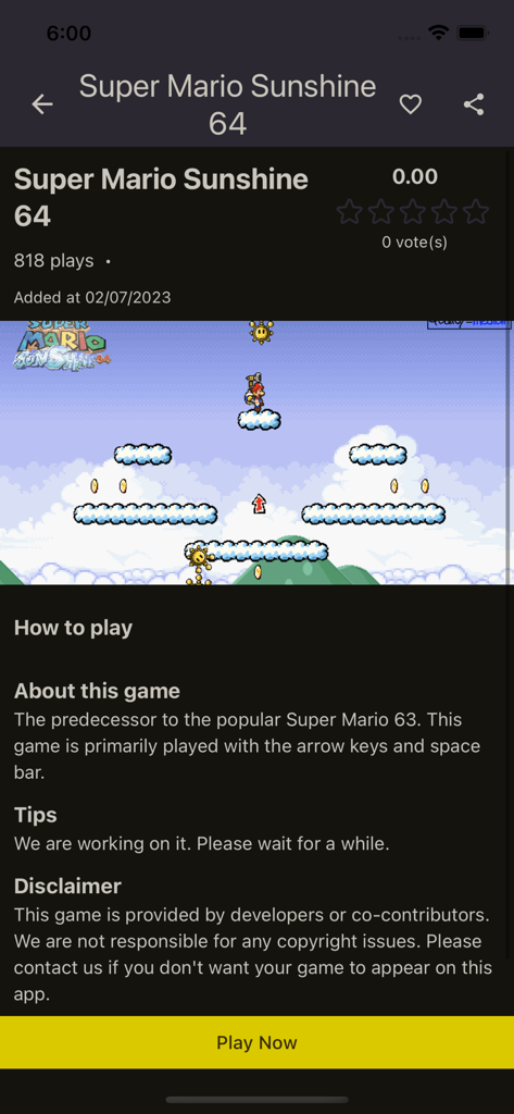 Screenshot della pagina dei dettagli del gioco Super Mario Sunshine 64 nell'app Flash Game per Mobile