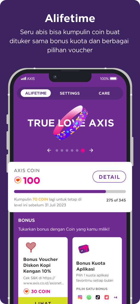 AXISNet - AXISNet Alifetime 충성도 프로그램 화면. 획득한 코인 및 보상 옵션을 표시합니다.