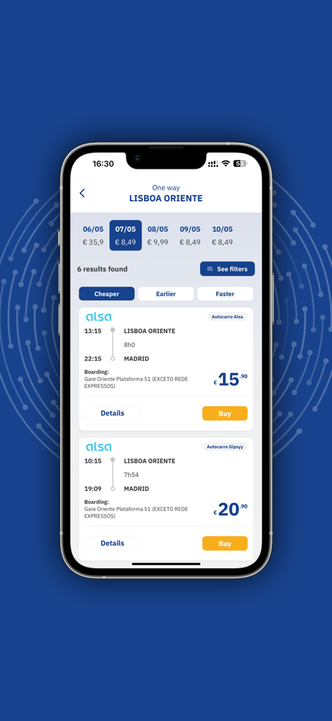 Gipsyy: Travel in Europe - Bus booking results on the Gipsyy app showing trips from Lisbon to Madrid