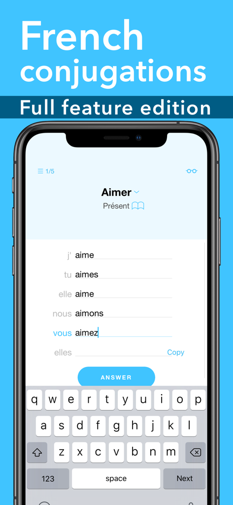 Conjuu - French Full Edition - French verb conjugation exercise for Aimer in the Conjuu app
