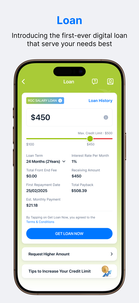 Wing Bank mobile app screen showing a digital salary loan application with repayment terms and interest rates