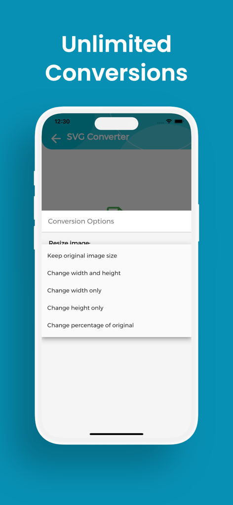 SVG Converter, SVG to PNG - Interface do aplicativo Conversor de SVG mostrando opções de redimensionamento de imagem para conversões de arquivo ilimitadas.