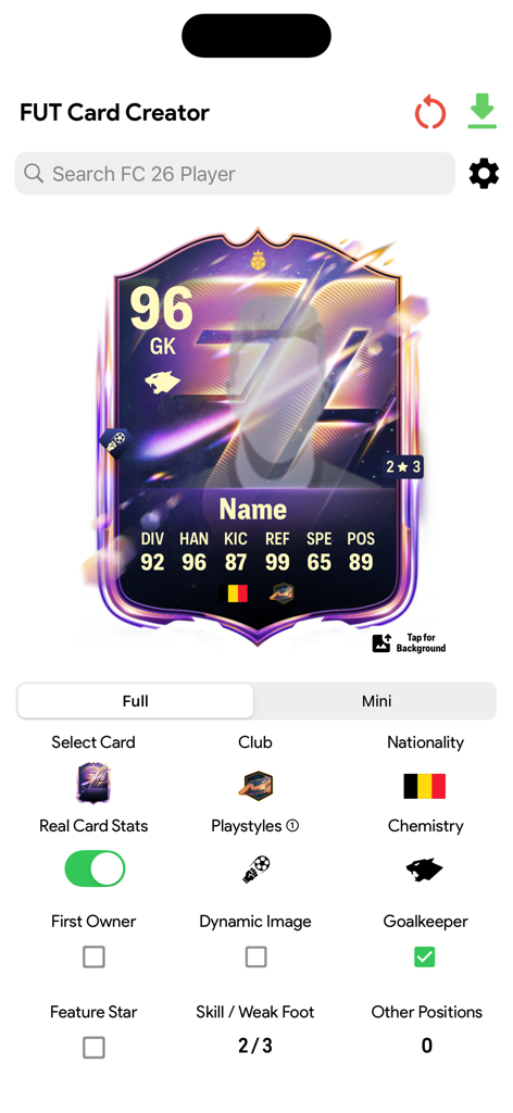 UT 26 Card Creator - A screen from the UT 26 Card Creator app showing options to customize a professional soccer player card