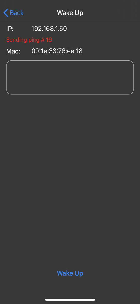 Mocha WOL - Interfaz de la aplicación Mocha WOL que muestra la dirección IP y la dirección MAC para encender una computadora remota