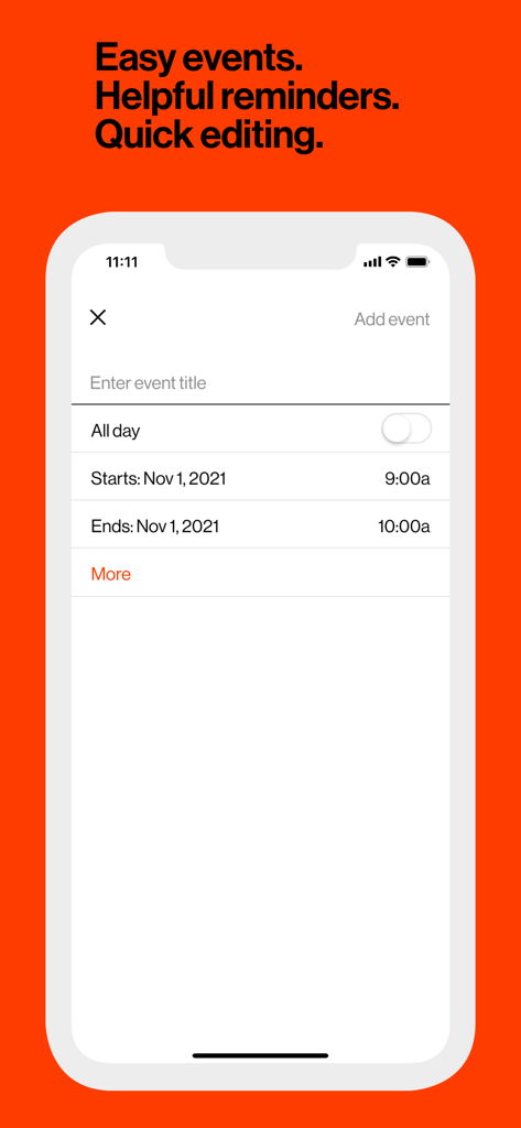 Minimal Calendar App-Oberfläche für einfache Erstellung von Ereignissen und schnelle Bearbeitung.