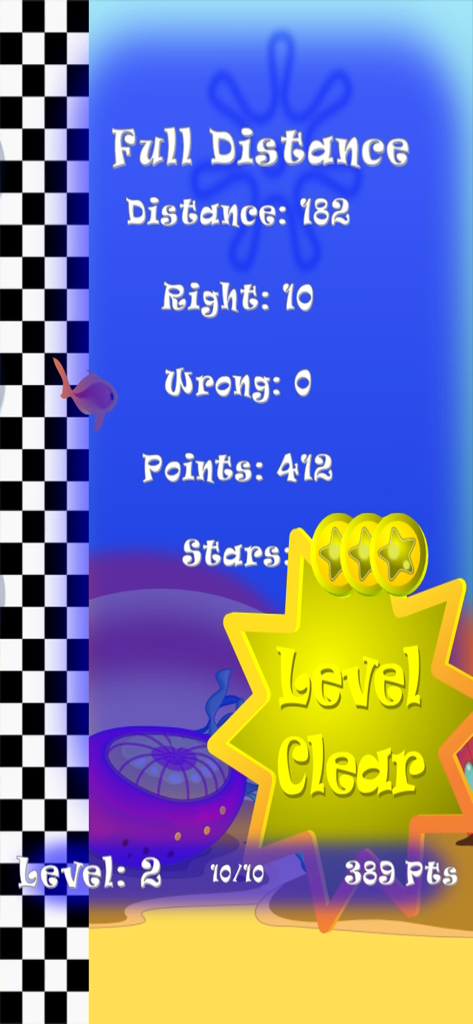 Fish Math Trainer - Screenshot of Fish Math Trainer app showing a Level Clear reward screen with distance points and star ratings