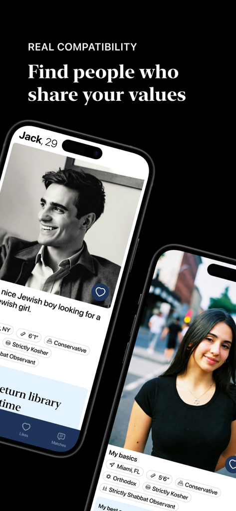 Tribe - Jewish Dating App - Dos pantallas de smartphone mostrando perfiles de citas judías en la aplicación Tribe con preferencias religiosas y de estilo de vida