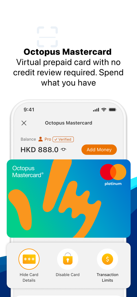 Octopus Mastercard virtual prepaid card dashboard with balance and card controls