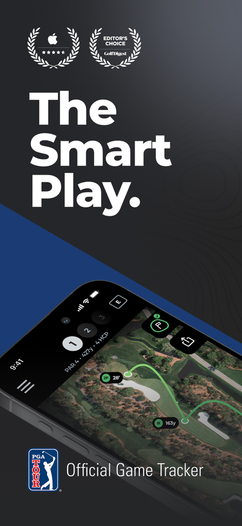 Arccos - Arccos golf app interface displaying smart shot tracking and the official PGA TOUR game tracker logo