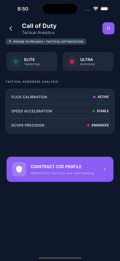 Sensi Tracker - Interfaz de la aplicación Sensi Tracker que muestra análisis táctico y calibración de sensibilidad para Call of Duty Mobile en iPhone