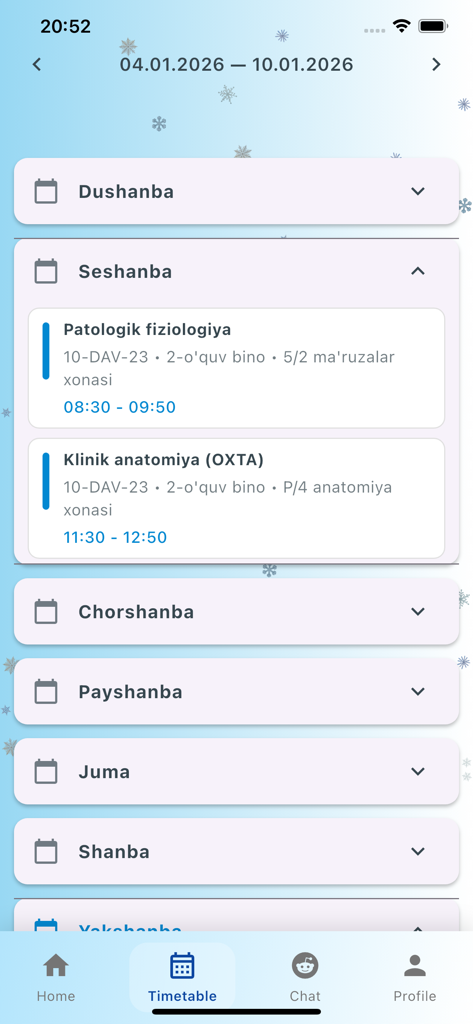 Visualização do cronograma semanal de aulas no aplicativo móvel estudantil OXU mostrando nomes de cursos, horários e locais