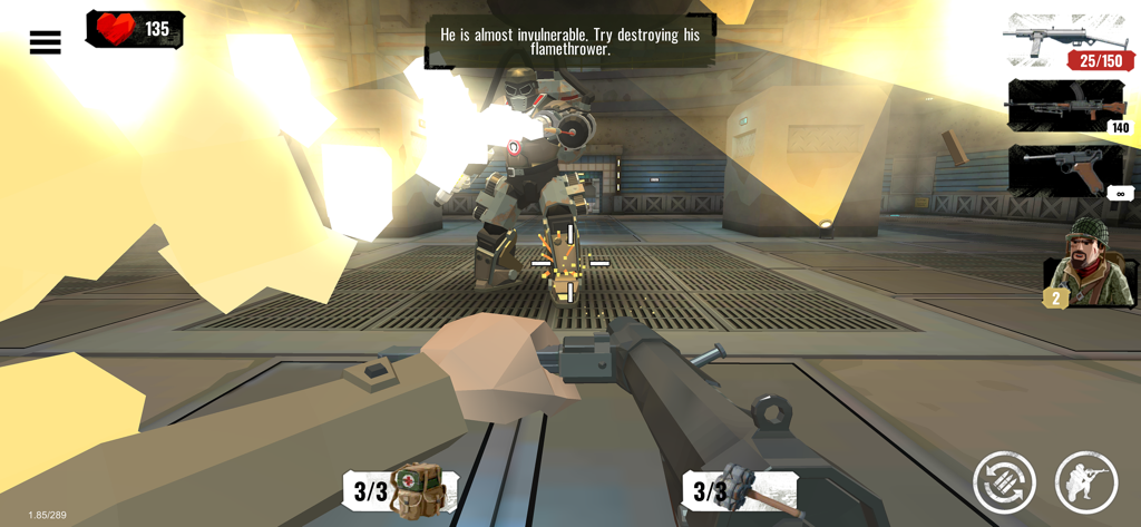 World War Polygon- WW2 shooter - Jugabilidad en primera persona mostrando una batalla contra un jefe, un soldado blindado, en World War Polygon