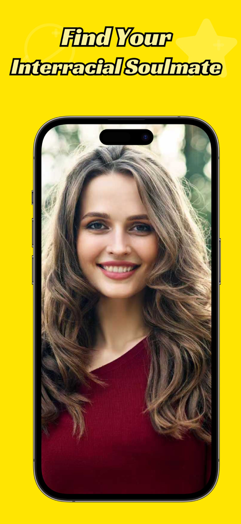 Interracial Dating - Yellow - Um smartphone mostrando uma mulher sorrindo no aplicativo de namoro interracial Yellow com o texto Encontre Sua Alma Gêmea Interracial.