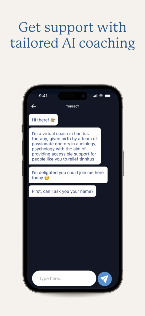 MindEar | Tinnitus Relief - Screenshot of the MindEar app showing the Tinnibot AI virtual coach providing tailored tinnitus support.