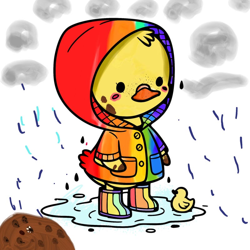 baby duck in a rain coat and boots, in a puddle while it’s raining