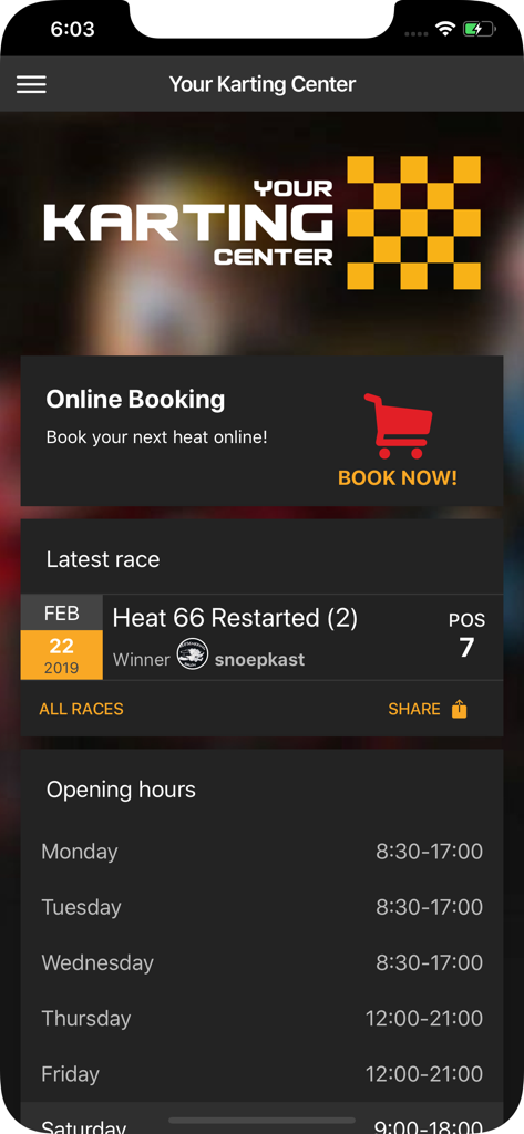 Painel do aplicativo Activity Box exibindo opções de reserva de centro de kart e estatísticas recentes de corrida
