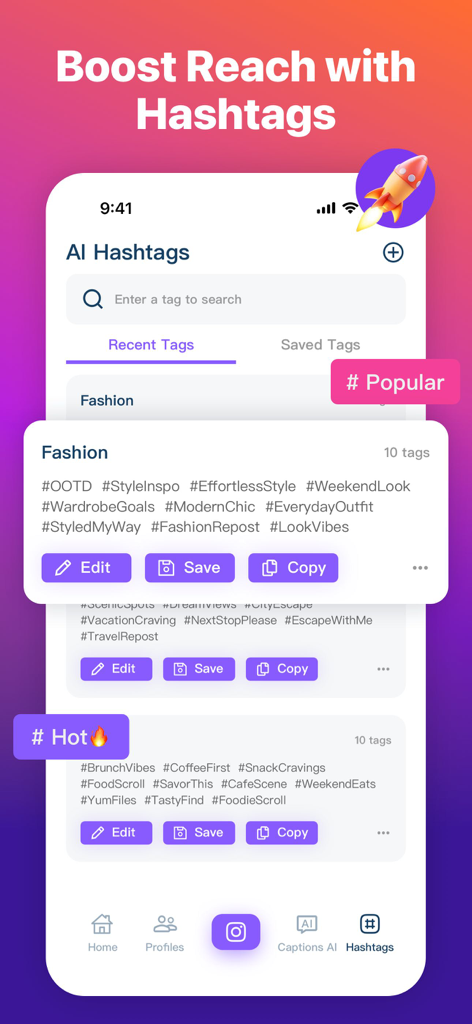 Schermata del generatore di hashtag AI per Instagram con tag di moda di tendenza e funzionalità per aumentare la portata